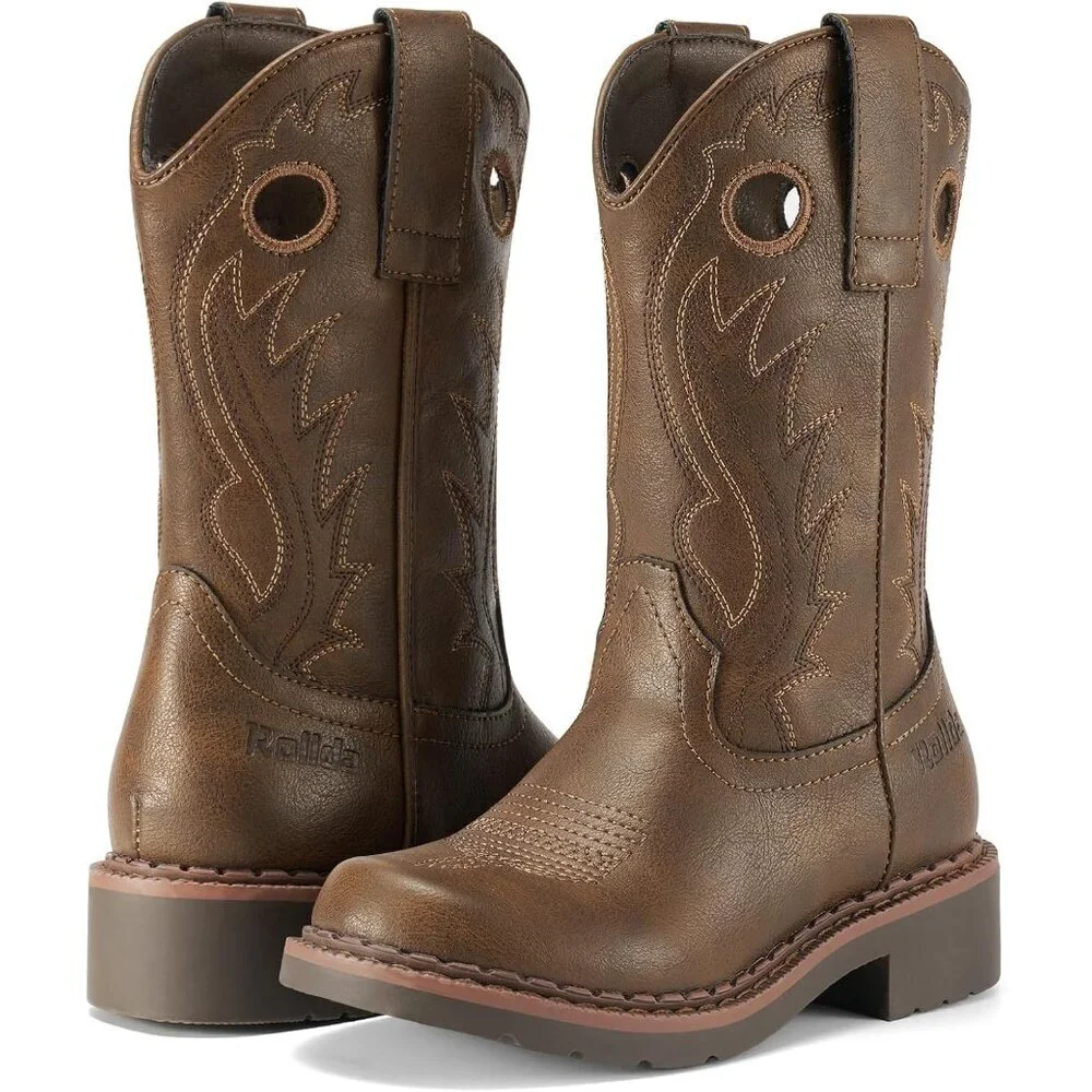 ⚡Kids Girls Dark Brown Western Boots Square Toe Cowgirl Boots For Toddler